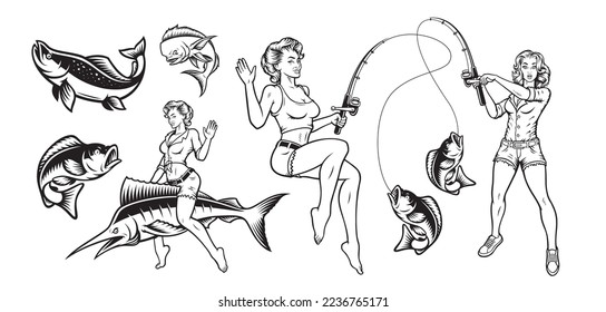 Conjunto de ilustraciones vectoriales en blanco y negro sobre el tema de la pesca con una chica de pin up, marlin, salmón, mahi mahi fish, perch. 