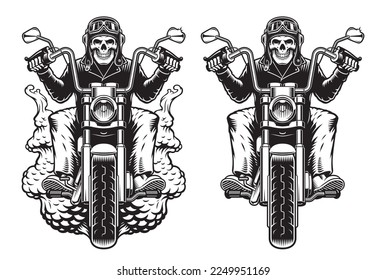 Set of black and white vector illustrations of a skeleton on a motorcycle