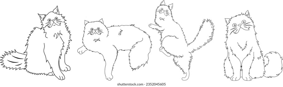 Set of black and white vector illustrations of cats in different poses on a transparent background. background illustration