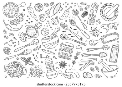 Set of black and white vector illustrations of spices and herbs for cooking. Chili, cardamom, turmeric doodles, outline tamarind, zaatar, nutmeg, kitchen tools collection, mortars, pestles, spoons