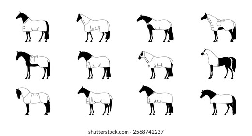 Set of black and white vector illustrations of horses in various blankets and saddles, isolated on a white background