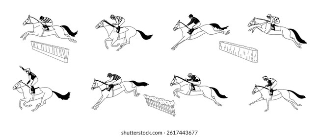 Set of black and white vector illustrations of jockeys riding horses in different racing and jumping positions