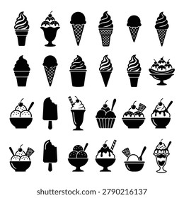 Set of black and white vector illustrations showing diverse ice cream desserts in bowls cones and sundaes with toppings like cherries and syrups isolated on transparent background