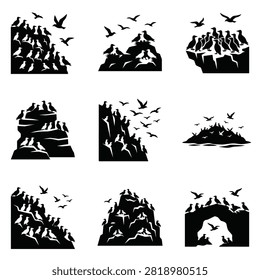 Set of black and white vector illustrations depicting colonies of seabirds nesting, flying, and perched on rugged coastal cliffs, rocky islands, and outcrops.