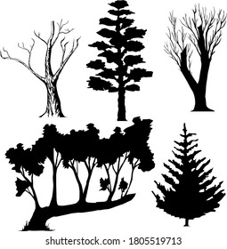 
set of black and white vector images of trees with and without leaves