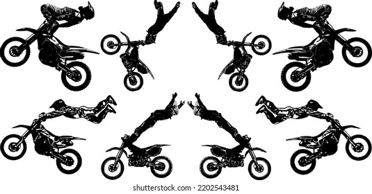 A set of black and white vector images of motorcyclists performing extreme stunts in the discipline of motofreestyle