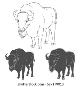 Set of black and white vector images with a bison