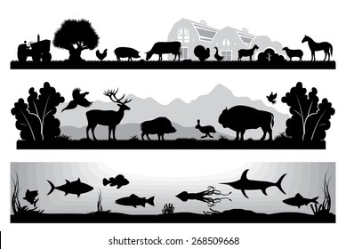 set of black and white vector landscapes wildlife, farm, marine life