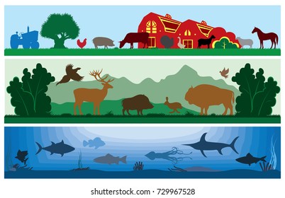 set of black and white vector landscapes wildlife, farm, marine life.