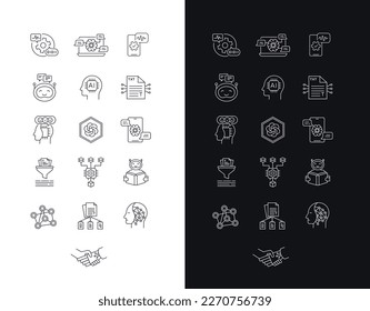 Set of black and white vector line icons related to the field of computational linguistics, human language technology, language engineering icon, text analytics, and text mining.