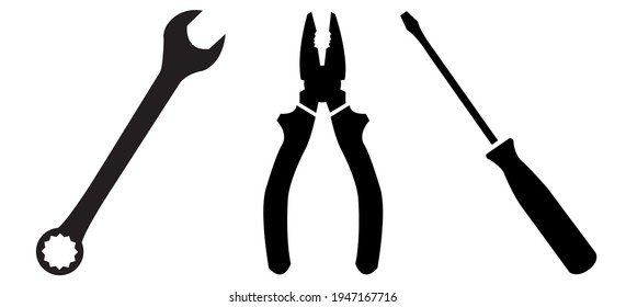 Set of black and white vector Locksmith's tools for construction and repair: pliers, wrench, screwdriver