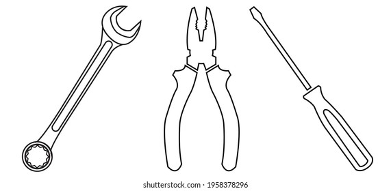 Set of black and white vector Locksmith's tools for construction and repair: pliers, wrench, screwdriver