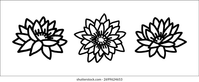 Set schwarz-weißer Vektorlotusblumen im Line Art Stil