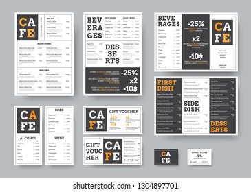 Set of black and white vector menu for restaurant with orange design elements. Templates are standard A4 size, voucher, business card, tri-fold and DL flyers.