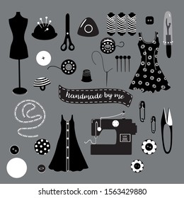 Set of black and white vector objects of sewing and dressmaking equipment, tools for card, poster, flyer, cover, banner and other use. Trendy tailoring equipment set.