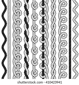 Set of black and white vector seamless borders with ropes