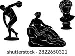 A set of black and white vector silhouettes depicting classical ancient statues, including a discus thrower, a reclining female figure, and a male portrait bust. These elegant artistic design elements are perfect for museum branding, art history educational materials, and cultural heritage graphic projects.