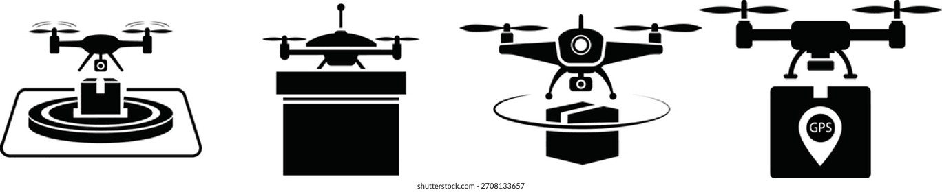 Conjunto de siluetas de Vector en blanco y negro de drones de entrega que transportan paquetes, con ubicación GPS y conceptos de plataforma de aterrizaje para logística moderna y temas de envío.