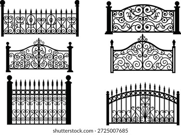 A set of black and white vector silhouettes featuring different fence and gate designs.