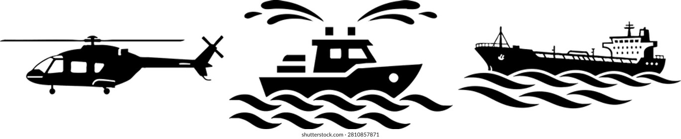 A set of black and white vector silhouettes featuring a helicopter, a fireboat spraying water, and a cargo vessel. This collection is ideal for infographics, logistics themes, or maritime safety illustrations.