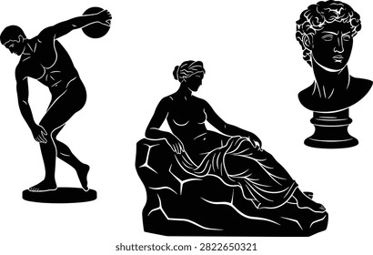 A set of black and white vector silhouettes depicting classical ancient statues, including a discus thrower, a reclining female figure, and a male portrait bust. These elegant artistic design elements are perfect for museum branding, art history educational materials, and cultural heritage graphic projects.