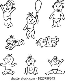 Conjunto de bocetos vectores en blanco y negro de bebés graciosos. Dibujo informal de una mano de niños en pañales con diferentes caras y en diferentes poses
