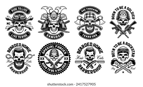 A set of black and white vector skulls in vintage style, these designs can be used as t-shirt designs