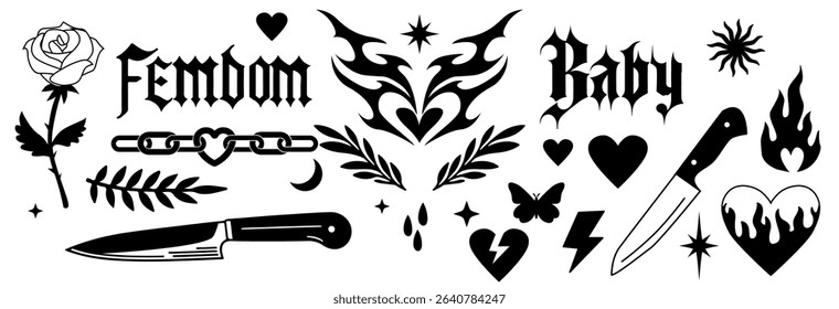 Set of black and white vector tattoo elements in 1990s - 2000s style. Rose, butterfly, gothic inscriptions, bonfire flames, knife, chain, heart and other elements in trendy hand-drawn style.