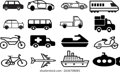 "Set of Black and White Vehicle Icons Including Cars, Motorbikes, Bicycles, Boats, and Trains"