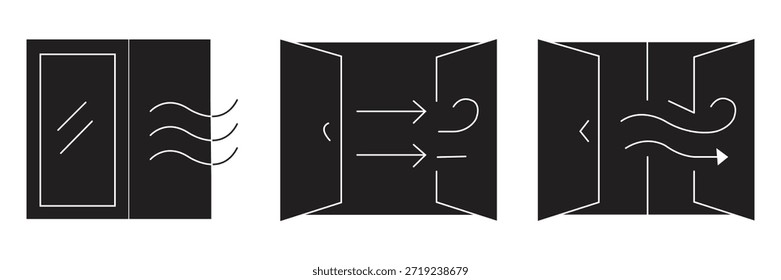 Set of black and white ventilation icons demonstrating air circulation through windows and open doors, illustrating fresh air exchange and proper indoor climate control concepts.
