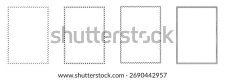 Set of black and white vertical stitched frame borders with various sewing patterns and minimalist style isolated on white background
