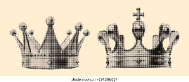 A set of black and white vintage crowns in halftone effect. Elements for collage. Dadaism style. Vector trendy illustration from 3d. 