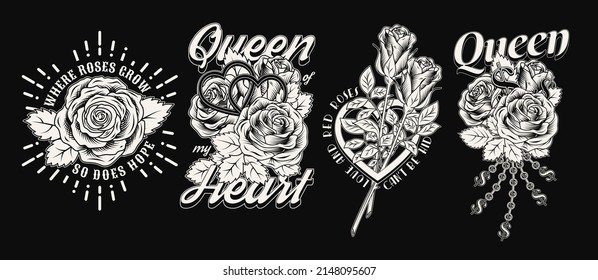 Set of black and white vintage labels with roses, dollar sign, chains with rhinestones, text, quotes. Vector monochrome illustration. T-shirt design.