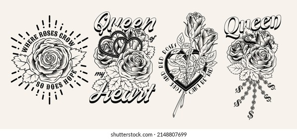 Set of black and white vintage labels with roses, dollar sign, chains with rhinestones, text, quotes. Vector monochrome illustration. T-shirt design.