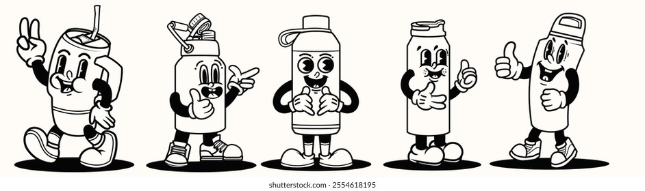 Set of Black and white Vintage mascot in many styles pose outline