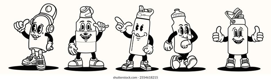 Set of Black and white Vintage mascot in many styles pose outline