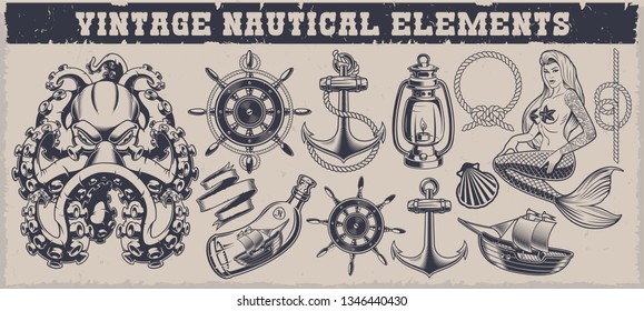 Set of black and white vintage nautical elements for design isolated on the white background.