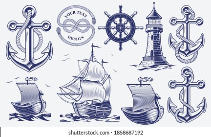 A set of black and white vintage nautical illustrations isolated on white background