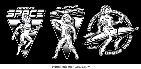 Set of black and white vintage space illustration with pin up girls in astronaut suits