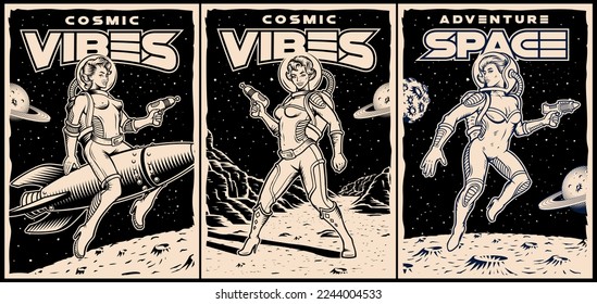 Set of black and white vintage space posters with pin up astronaut girls, planets and space rocket