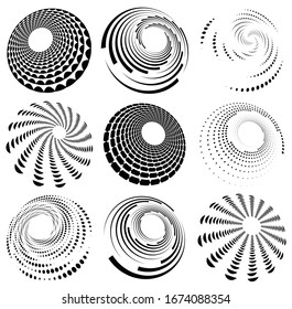 Set of black and white vortex, volute shapes. Twisted helix elements