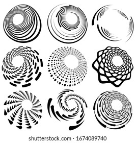Set of black and white vortex, volute shapes. Twisted helix elements