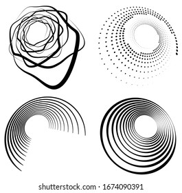 Set of black and white vortex, volute shapes. Twisted helix elements