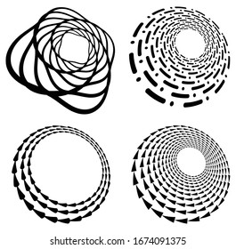 Set of black and white vortex, volute shapes. Twisted helix elements