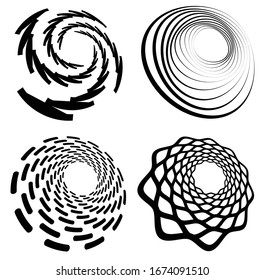 Set of black and white vortex, volute shapes. Twisted helix elements