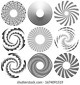 Set of black and white vortex, volute shapes. Twisted helix elements