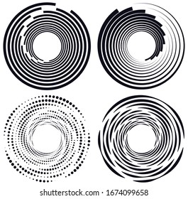 Set of black and white vortex, volute shapes. Twisted helix elements