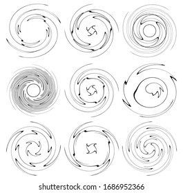 Set of black and white vortex, volute shapes. Twisted helix elements