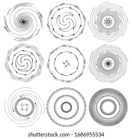 Set of black and white vortex, volute shapes. Twisted helix elements