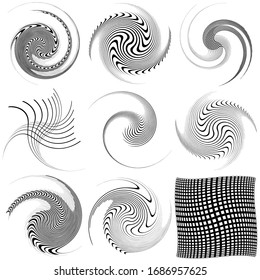 Set of black and white vortex, volute shapes. Twisted helix elements